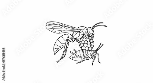 Detailed line art of a wasp carrying a cluster of eggs and a smaller insect