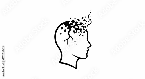 Cracked head silhouette with fragments exploding upwards, symbolizing broken thoughts