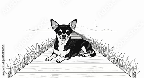 Black and white chihuahua dog resting on a wooden pier with grass and hills