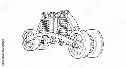 Detailed line drawing of a complex mechanical suspension system with wheels