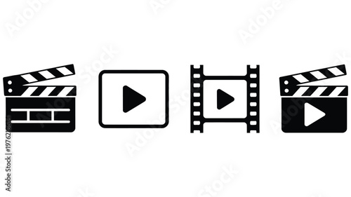Cinema clapperboard icon set, open and closed movie slate silhouettes, film production symbols, video editing and filmmaking concept, modern vector collection for media apps, studios, and