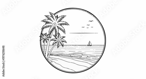 Black and white circular illustration of a beach scene with palm trees and a sailboat