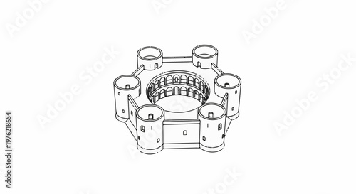 Detailed line drawing of a circular fortress with multiple turrets and inner courtyard