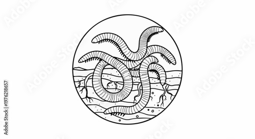Black and white circular illustration of earthworms burrowing through soil