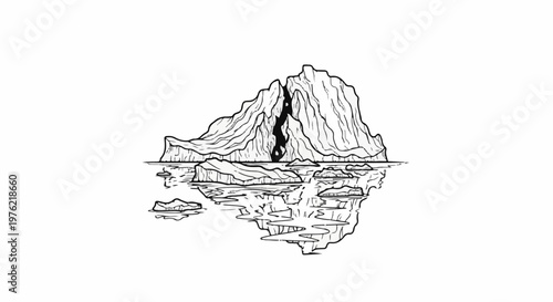 Cracked iceberg with reflection in calm water, illustrating a dark crevice