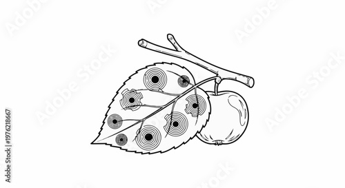 Detailed line drawing of a damaged apple leaf and fruit on a branch