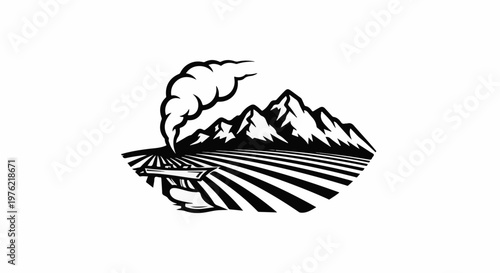 Black and white depiction of a train on tracks in a field before mountains
