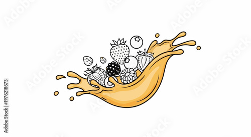 Cartoon splash of orange liquid with various berries and leaves