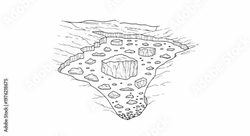 Cracked icebergs drift in a frozen glacial lagoon toward a narrow channel