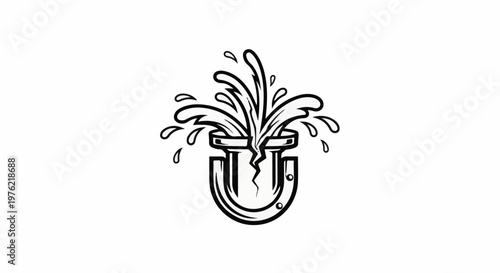 Cracked pipe with water splashing upwards and outwards, stylized