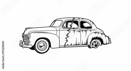 Cracked, rusty vintage automobile on white background, depicting decay and age