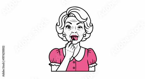 Cartoon woman with retro hairstyle applying pink lipstick with tongue out