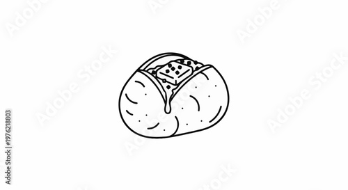 Black and white outline drawing of a stuffed pastry