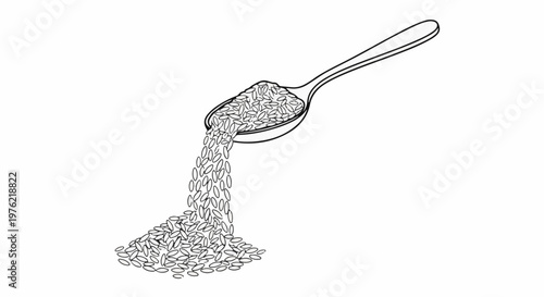 Black and white drawing of a spoon spilling rice onto a surface