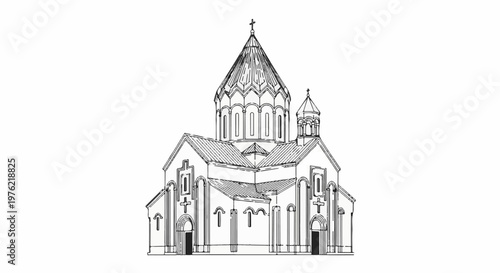 Detailed line drawing of a large church with multiple domes and a cross
