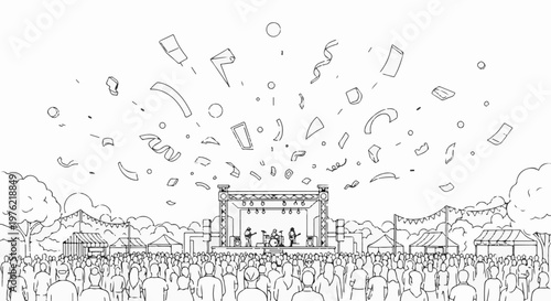 Crowd watches a band perform on a stage amidst falling confetti and festival tents