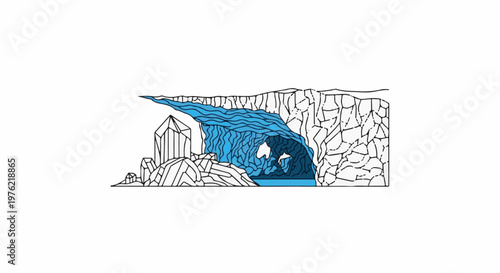 Crystal cave with flowing blue water cascading over rocks