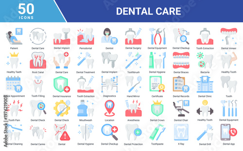 Dental Care icon set featuring patient,dentist,dental tools,oral hygiene,treatment procedures and clinic elements suitable for healthcare,medical and dental service design projects