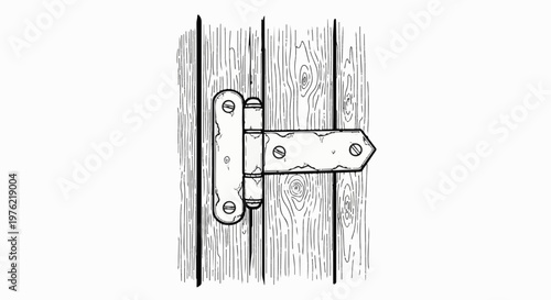 Detailed line drawing of a vintage metal hinge on a rustic wooden door
