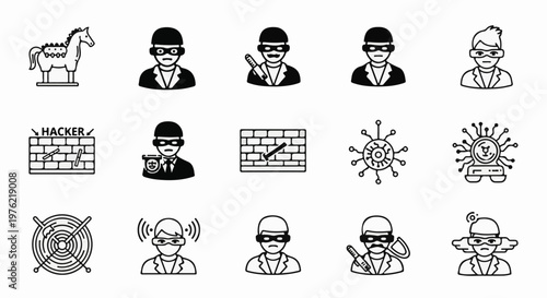 Cyber security icons featuring hackers, malware, and protection