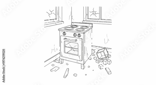 Damaged kitchen with broken windows, stove, and debris
