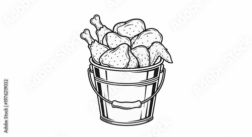 Black and white illustration of a bucket filled with fried chicken pieces