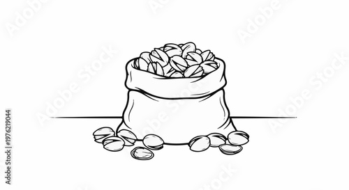 Black and white illustration of a burlap bag filled with pistachios, with nuts scattered around