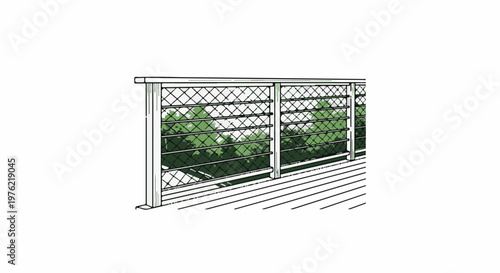Deck railing with diamond pattern mesh and view of trees