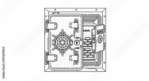 Detailed line drawing of an open vault filled with gold bars and a safe deposit box
