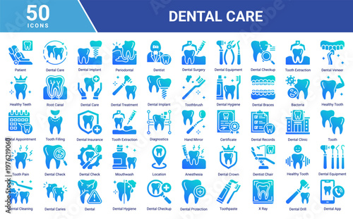 Dental Care icon set featuring patient,dentist,dental tools,oral hygiene,treatment procedures and clinic elements suitable for healthcare,medical and dental service design projects
