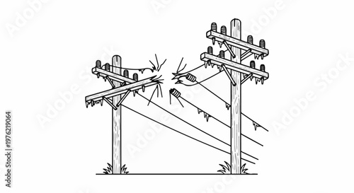 Damaged power poles with frayed wires and insulators on white background