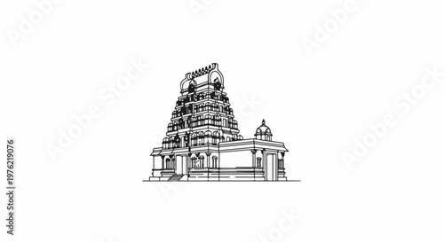 Detailed line drawing of an ornate tiered temple structure with multiple levels and domes