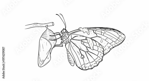 Black and white illustration of a butterfly emerging from its chrysalis on a branch
