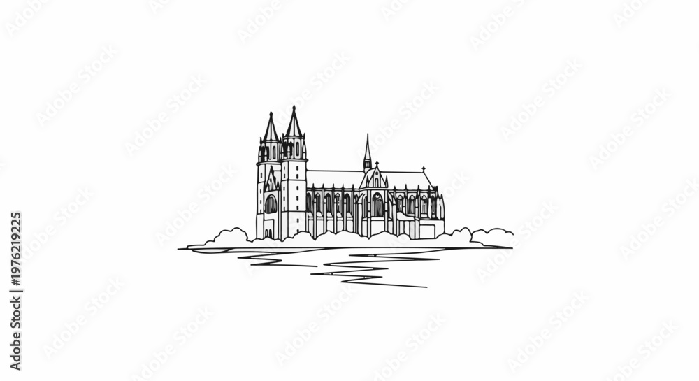 Fototapeta premium Detailed outline of a Gothic cathedral with twin spires and surrounding trees and water