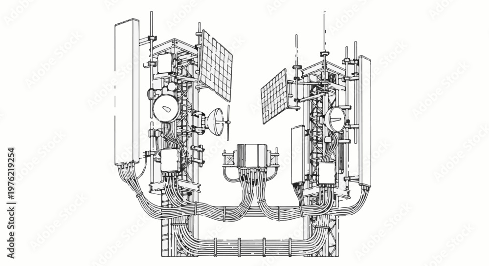Obraz premium Detailed schematic of telecommunications tower equipment with solar panels