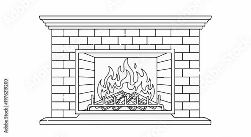 Detailed outline drawing of a brick fireplace with a roaring fire and logs