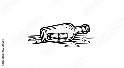 Black and white illustration of a glass bottle on its side with a rolled message inside