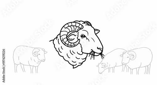 Detailed outline of a ram's head with faint sheep outlines