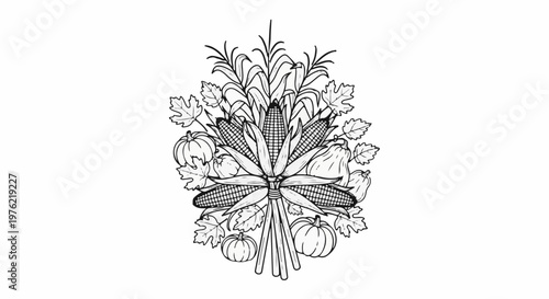 Black and white illustration of a harvest arrangement with corn, pumpkins, gourds and leaves
