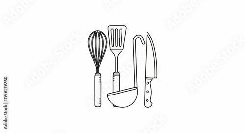 Black and white outline drawing of cooking utensils including a whisk, spatula, ladle, and knife