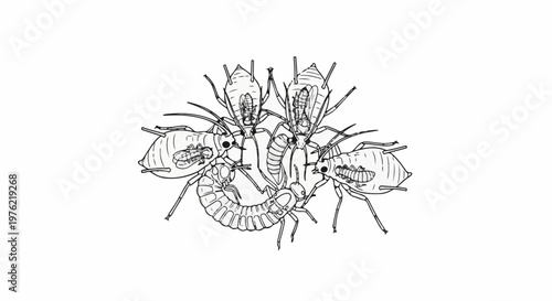 Detailed scientific illustration of aphids and a ladybug larva in close proximity