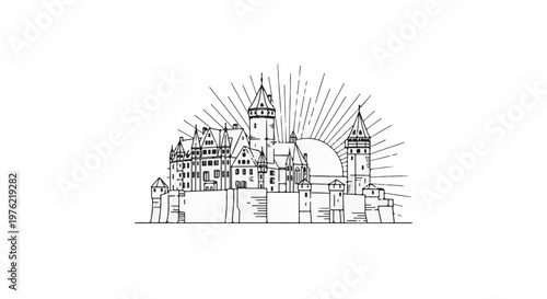 Detailed sketch of a castle with sunburst in the background