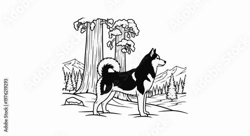 Black and white illustration of a husky in a forest setting