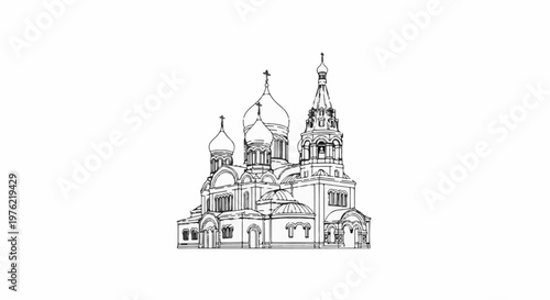 Detailed sketch of a large orthodox church with multiple domes and a spire
