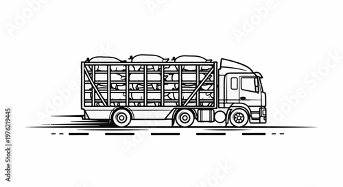 Black and white outline of a truck carrying goods in a caged trailer