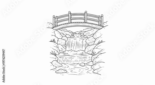 Black and white illustration of a picturesque arched bridge over a cascading waterfall
