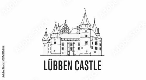 Detailed sketch of a medieval castle with multiple turrets and a central gateway