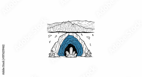 Cave entrance with blue interior and crystal formations, mountains above