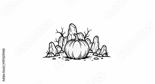 Black and white illustration of a pumpkin surrounded by rocks and barren trees