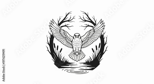 Black and white illustration of a raptor with outstretched wings, surrounded by bare branches